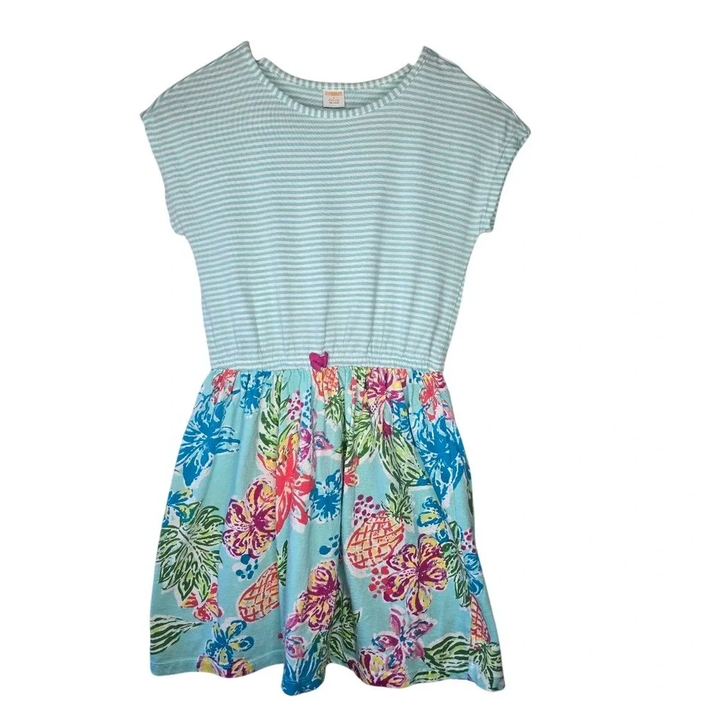 Gymboree Tropical Floral Striped Dress Girls Size L 10-12 Blue Summer Cap Sleeve